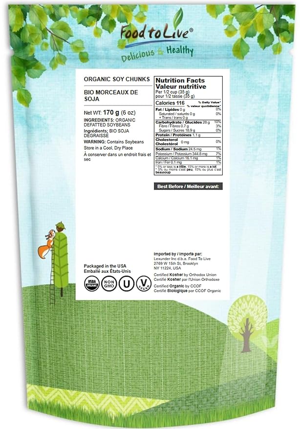 Food to Live Organic Soy Chunks 6 Ounces, – Unsalted Nuggets, High Protein. Plant-Based. Meat Alternate Substitute. Non-GMO. Vegan, Kosher, Bulk