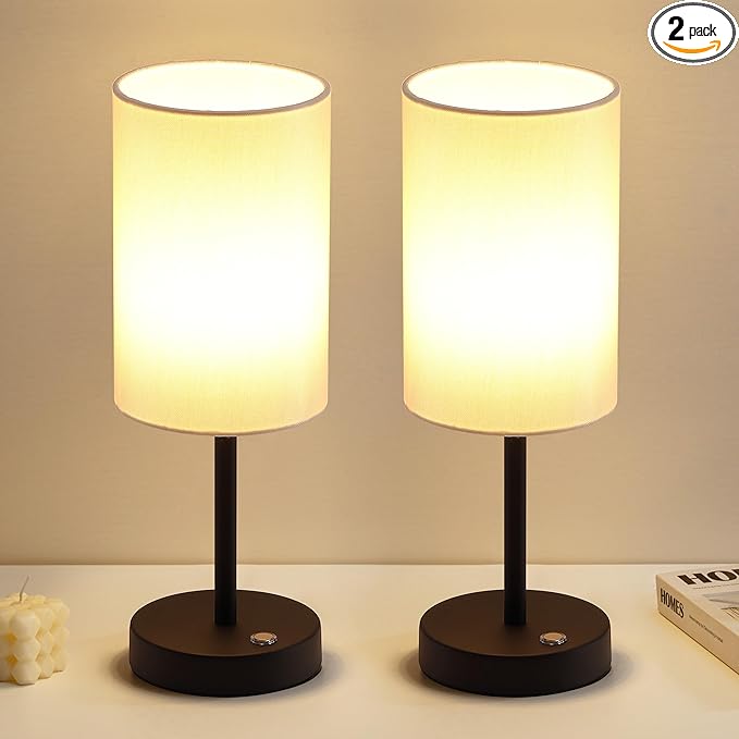 KDG Simple Cordless Table lamp, Portable Bedside 5000mAh LED Desk Lamp, 3 Brightness Levels Emergency Light, Linen Lampshade for Living Room, Bedroom, Dining Room, Night Light (Black)