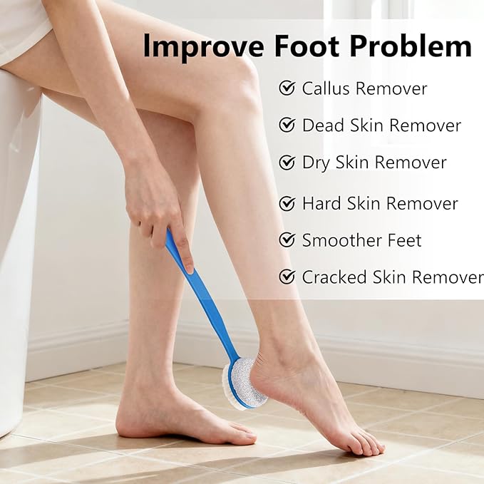 Foot File Callus Remover,Beomeen Pumice Stone for Feet with Long Handle, Hard Skin Callus Remover, 2 in 1 Foot Scrubber, Back Body Brush for Shower Brush Deep Cleansing and Exfoliating (Curved),Blue