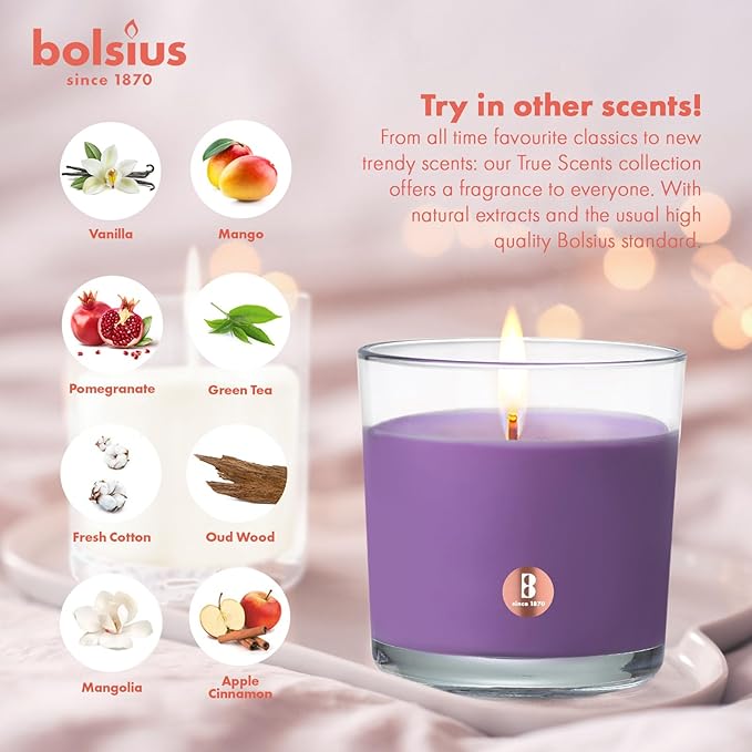 Bolsius Premium Lavender Scented Candle - Long-Lasting Candle Jar, 43+ Hours Burning Time - Natural Lavender Candle with Plant-Based Wax- Smokeless. Clean-Burning Aromatherapy Candle - Large, 8oz Jar