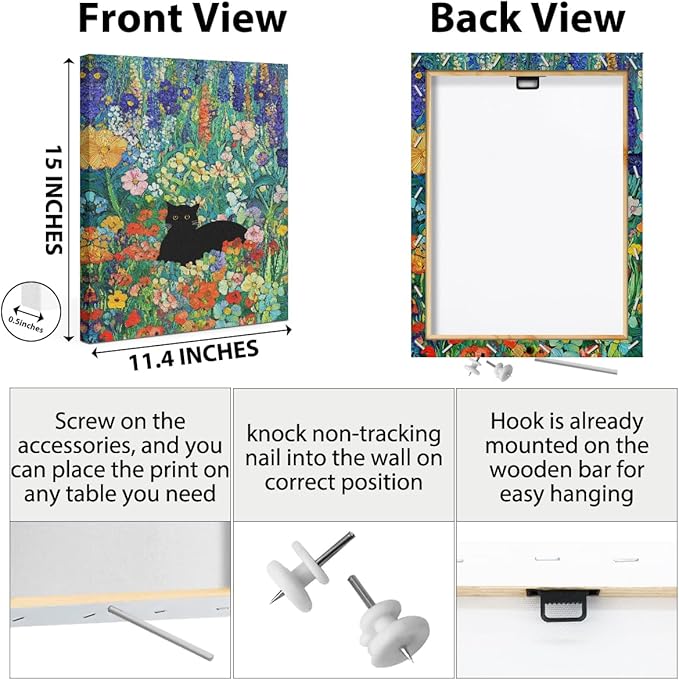 HZMLYDJ Cute Garden Cat Wall Art Garden Flowers Cat Aesthetic Design Posters Vintage Canvas Wall Art for Room Bedroom Living Room Bathroom Decor, Trendy Paintings Aesthetic Cats Lovers Decoration