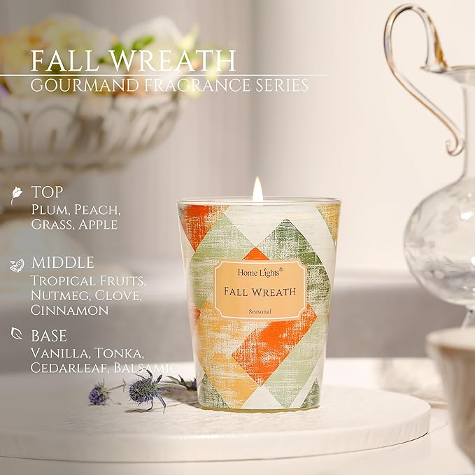 HomeLights Soy Wax Candles for Home Scented, 1-Wick Candles in Fall Wreath Scented, Rustic Modern Aromatherapy Candles Gift for Parties, Relaxing, 6.7oz