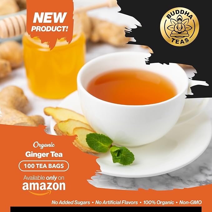 Buddha Teas - Organic Ginger Root Tea Bags - For Health & Wellbeing - With Antioxidants & Minerals - Clean Ingredients - Caffeine Free - OU Kosher & Non-GMO - 100 Non-String Tea Bags (Pack of 1)