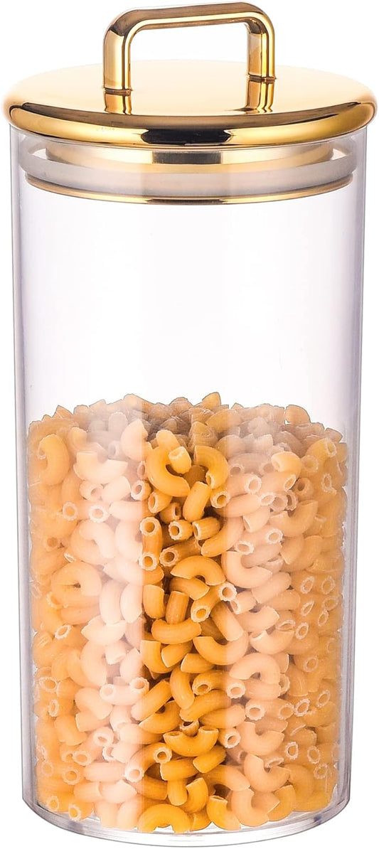 32 oz Large Acrylic Storage Apothecary Jar with Gold Airtight Lid | Bathroom Vanity Organizer Containers | Ideal Decorative Canisters for Shells, Bath Salt, Grains, Cotton Ball, Flossers