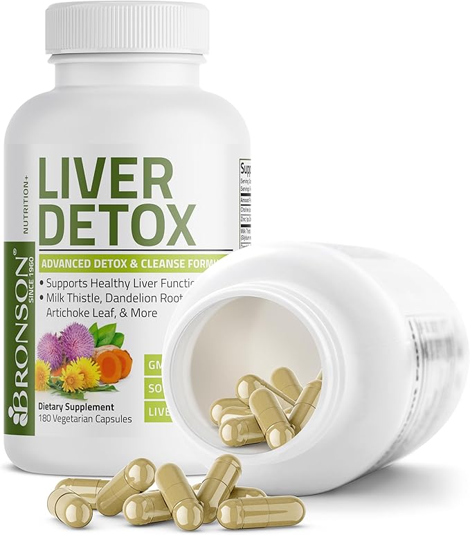 Bronson Liver Detox Advanced Detox & Cleansing Formula Supports Health Liver Function with Milk Thistle, Dandelion Root, Turmeric, Artichoke Leaf & More, Non-GMO, 180 Vegetarian Capsules