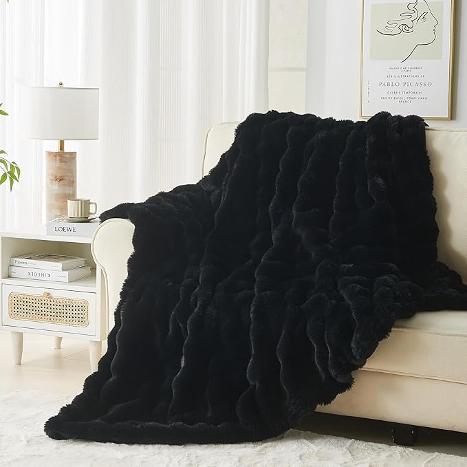 Lotus Karen Queen Size Faux Fur Blanket - Big Bubble Rabbit Fluff, 90x90 Inches