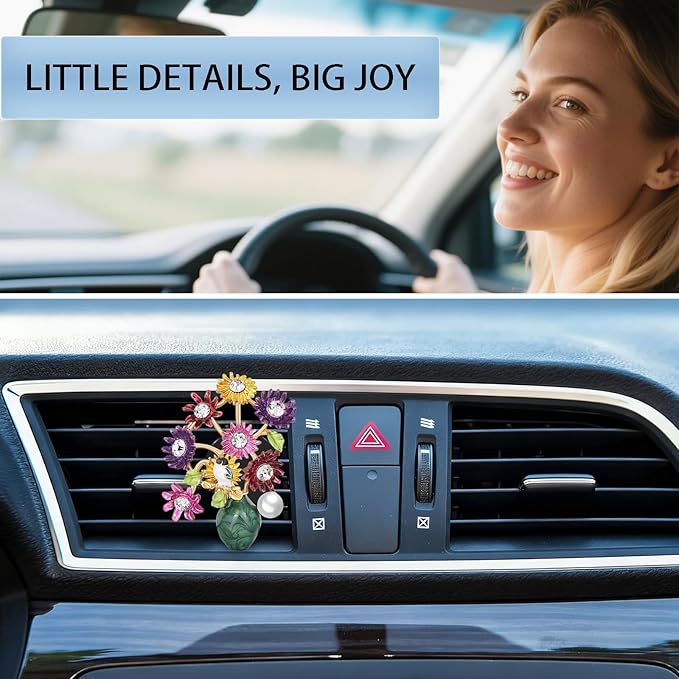 Flower Car Decor,Cute Dasiy Bird Vase Car Air Freshener Vent Clips,Alloy Colorful DashBoard Vent Decorations Aesthetics for Women,Refillable Aroma Diffuser