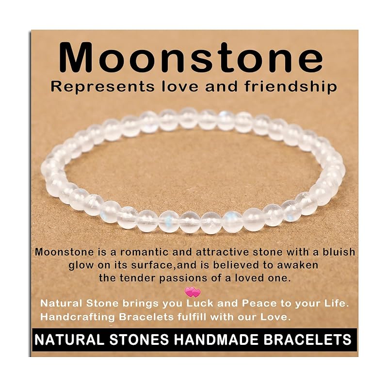 AD Beads Handmade Gemstone Stretch Elastic Bracelet Crystal Healing Reiki Nature's Beauty and Spiritual Essence Unisex (4mm, Moonstone (love and friendship))