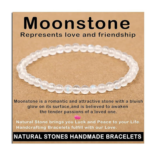 AD Beads Handmade Gemstone Stretch Elastic Bracelet Crystal Healing Reiki Nature's Beauty and Spiritual Essence Unisex (4mm, Moonstone (love and friendship))
