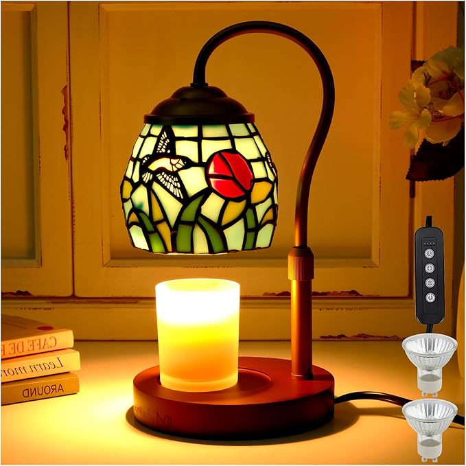 Candle Warmer Lamp - Hummingbird Candle Lamps Timer Dimmer, Tiffany Style Stained Glass Candle Warming Lamp Compatible with Small Jar Candles Gifts for Her, for Mom Wax Melt Warmer for Home Decor