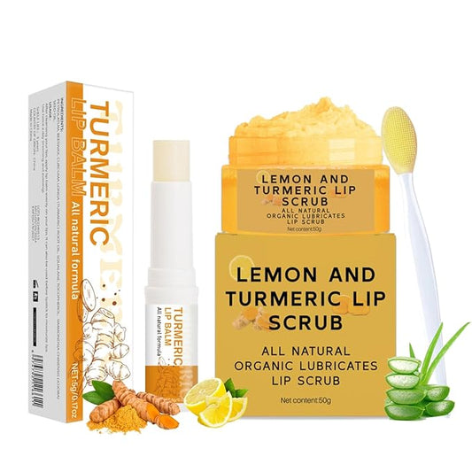 3PCS Lemon and Turmeric Lip Scrub & Turmeric Lip Balm with Brush Set, Lip Scrubber Exfoliator, Natural Nourish Sugar Lip Scrub for Dry, Chapped, Dull, Dark Lips, Reduce Fine Lines