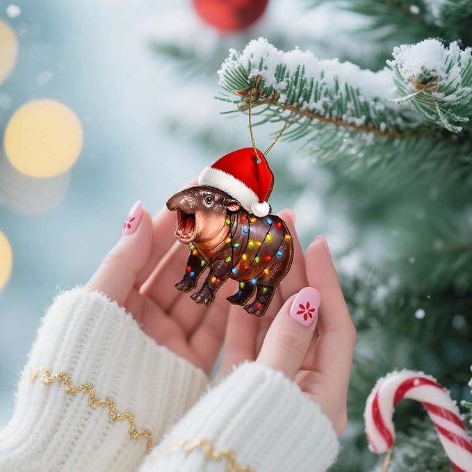 2 Side Printed Flat Christmas Wooden Ornaments, Animal Keepsake Hanging Tree Decoration, Moo Hippo Ornament