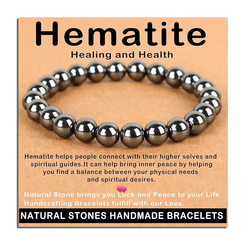 AD Beads Handmade Gemstone Stretch Elastic Bracelet Crystal Healing Reiki Nature's Beauty and Spiritual Essence Unisex (8mm, Hematite (Healing and Health))