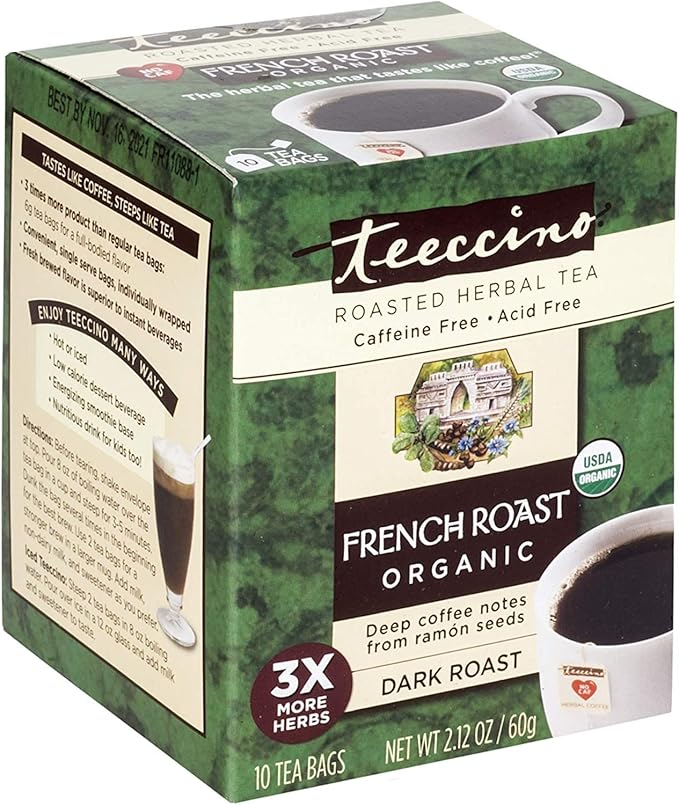 Teeccino French Roast Herbal Tea - Rich & Roasted Herbal Tea That’s Caffeine Free & Prebiotic for Natural Energy, Coffee Alternative, 10 Tea Bags
