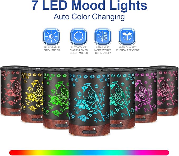 Essential Oil Diffuser- Aromatherapy Diffuser with7 Colors Light, and Auto-Off -Metal Cool Mist Humidifier for Home and Office（Red Bird）…