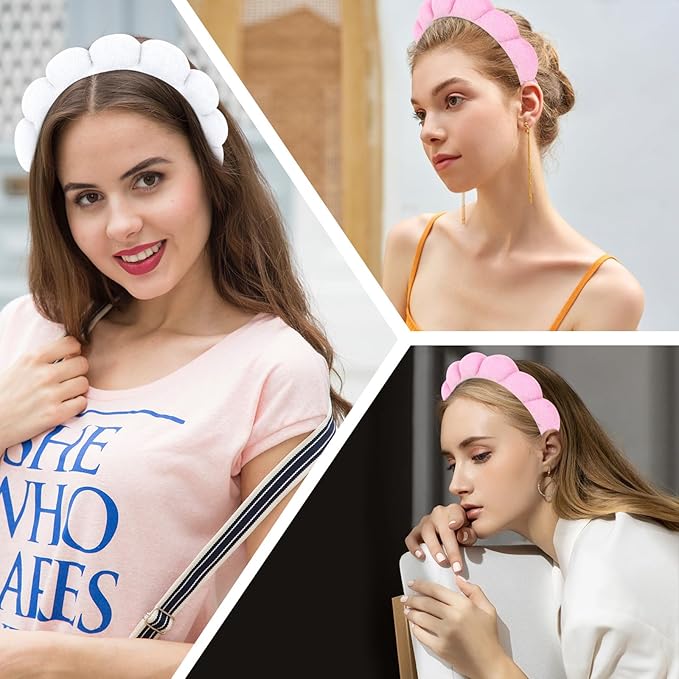 AMCAMI Puffy Spa Headband for Women 2 PCS Sponge Headbands for Girls Terry Towel Cloth Fabric Head Band for Skincare,Makeup Removal,Face Washing,Facial Mask,Shower,Hair Accessories（White&Light Pink）