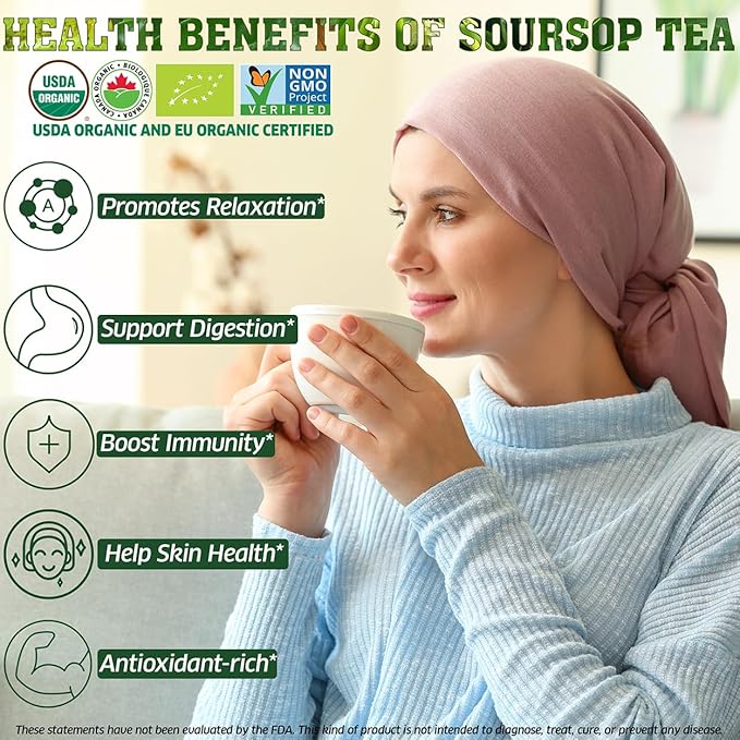 HERB DTQ - Organic Soursop Leaf Tea Bags - USDA Certified, 100% ORGANIC and Pure from Soursop Leaves, Non-GMO, Sugar/Caffeine/Gluten Free, Eco-Conscious Corn Fiber Tea Bags. Organic Graviola Tea - Hojas De Guanabana Tea (50 teabag)