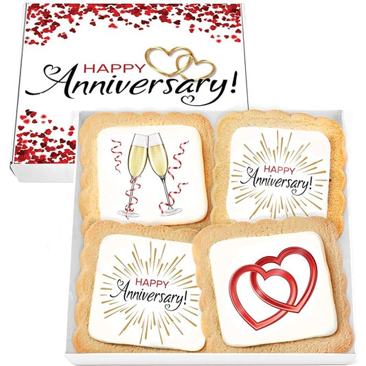 Happy Anniversary Cookies 4 PACK Gift Basket for Kids Men Women | Decorated Sugar Cookie Gift Box | Individually Wrapped Party Favors Nut Free