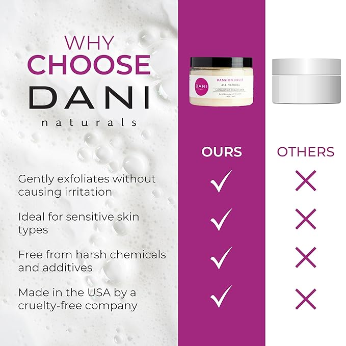 DANI Naturals Sugar Scrub – Pure & Gentle Exfoliation with Juicy Passion Fruit Scent. Organic sugar, shea butter, and nourishing oils for smooth, soft skin – 14 oz