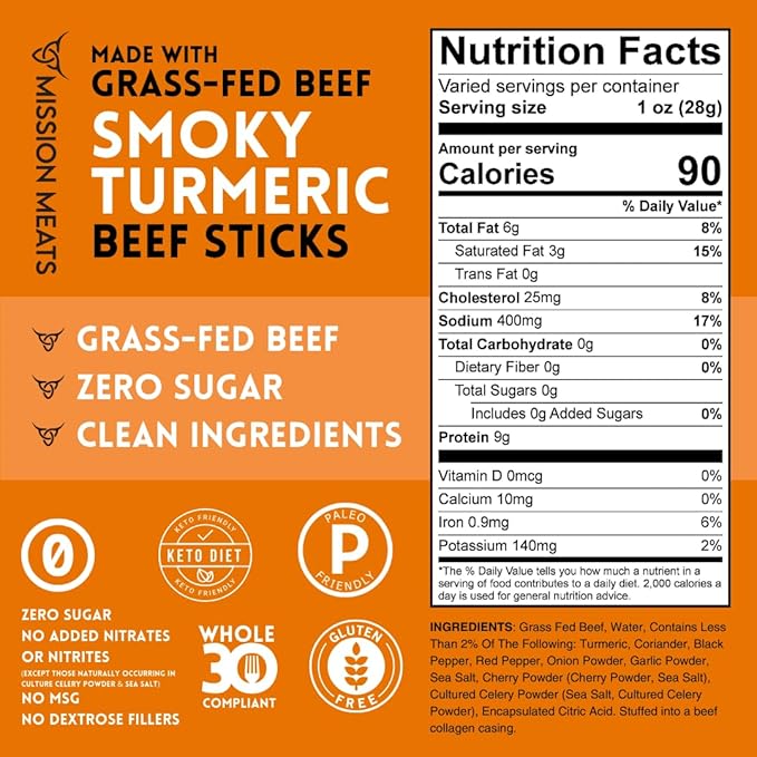 Mission Meats Beef Sticks – 100% Grass Fed & Pasture Raised, Sugar Free, Individually Wrapped Healthy Snacks, Whole 30 & Paleo Friendly, Smoky Turmeric 1oz (Pack of 24)