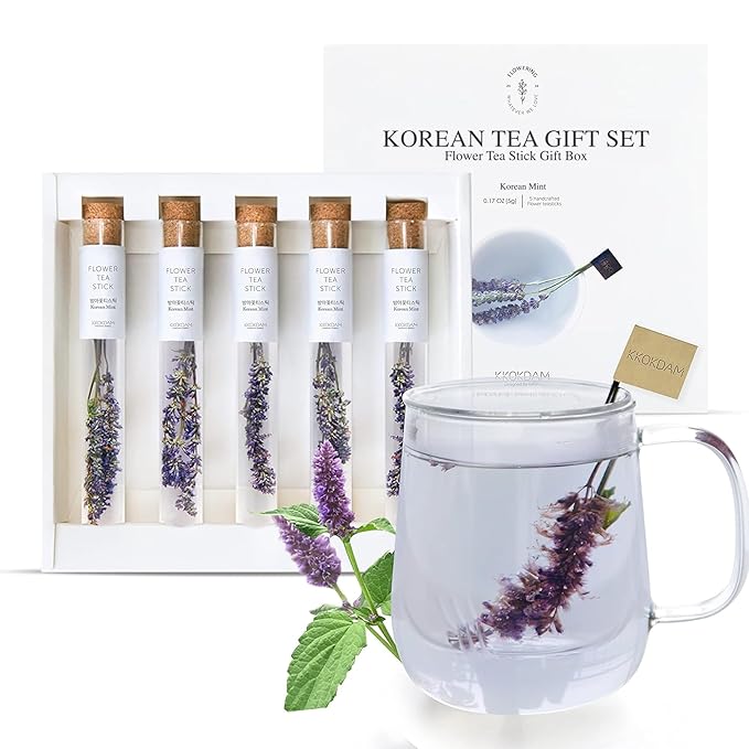 KKOKDAM Fancy Tea Gift Set – Korean Mint Blooming Flowers from South Korea - 5 Premium Flower Tea Sticks, Perfect as Unique Gifts or Gifts for Women
