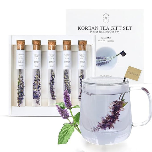 KKOKDAM Fancy Tea Gift Set – Korean Mint Blooming Flowers from South Korea - 5 Premium Flower Tea Sticks, Perfect as Unique Gifts or Gifts for Women