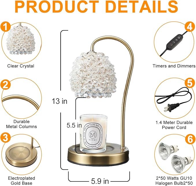 Candle Warmer Lamp with Timer Adjustable - Height Candle Warmer, Dimmer, Crystals Lampshade, Wax Melting Lamps for Home Decor, for Candles in Jars with 2 Bulbs