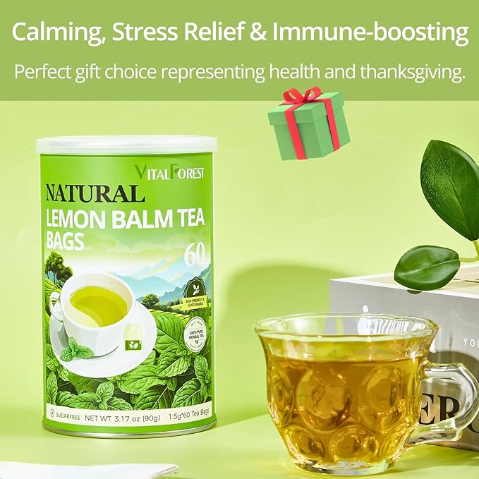 60 Lemon Balm Tea Bags - VitalForest Dried Lemon Balm Leaves Tea -1.5g/Bags, Calming Herb, Stress Relief & Sleep Support, Non-GMO, Caffeine-Free