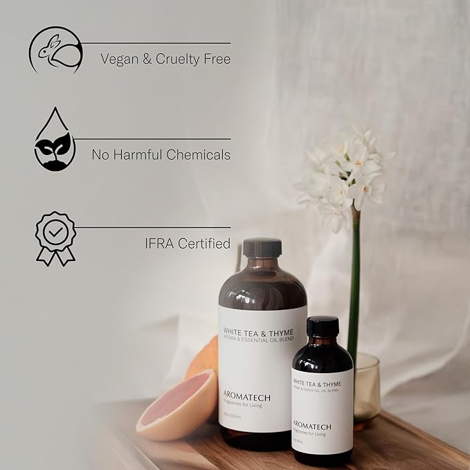 AromaTech White Tea and Thyme Aroma Essential Oil Blend: Luxury Hotel Inspired Aromatherapy with Tea Leaf, Fresh Thyme & Amber for Ultrasonic Diffusers & Nebulizers - 4 fl oz, 120 ml