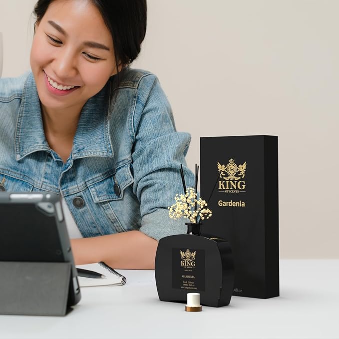 Premium Reed Diffuser Set with Preserved Baby's Breath & Cotton Stick Gardenia - Scent Fragrance Oil Diffuser for Bedroom Bathroom Home Décor