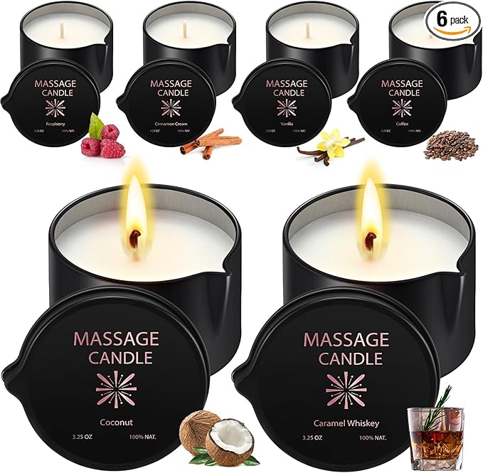 Nuanchu 6 Pcs Massage Oil Candle, 2.35 oz Ignite Low Temp Scented Body Oil Candles for Massage Therapy Soy Based Christmas Home Gift Spa Use 6 Scent