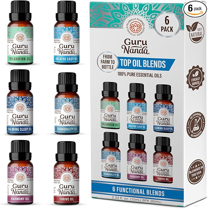 GuruNanda Essential Oil Blends (Set of 6) - Natural Essential Oil Set, Aromatherapy Oil Blends for Diffusers - Breathe Easy, Tranquility, Harmony, Calming Sleep, Relaxation & Thrive