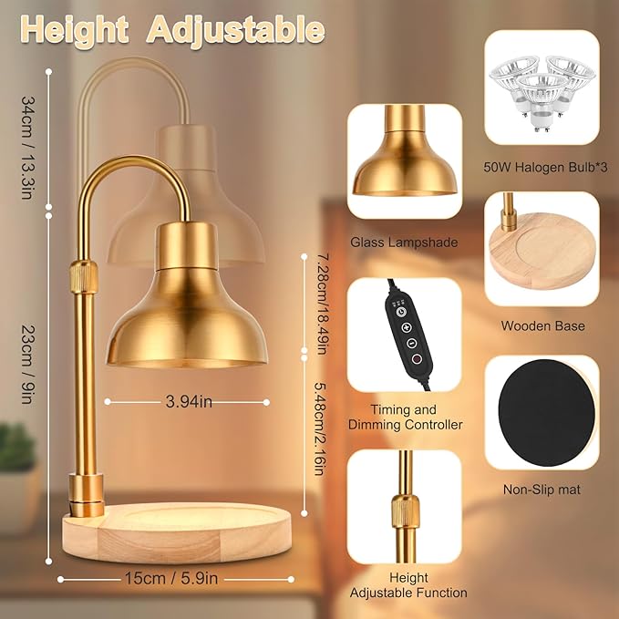 Candle Warmer Lamp with Timer & 3 Bulbs, Dimmable Electric Candle Light Adjustable Height and Brightness Candle Wax Warmer for Jar Candles Bedroom Home Decor House Warming Gift (Gold)