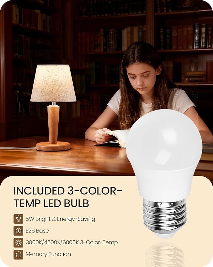 12”Wood Bedside Table Lamps Set of 2, Small Desk Lamps for Small Places, 3 Color Temperatures with Memory,Beige Linen Shade & E26 Bulbs, for Bedroom Living Room Office LE13TLP205