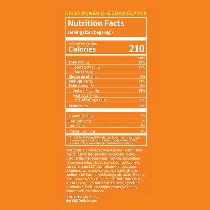 Crisp Power High Protein Pretzel Crisps - 6 Pack x 1.75 oz Crunchy & Flavorful Plant-Based Snack. No Sugar, 28g Protein Per Pack in 3 Savory Flavors, Vegan, Keto Friendly, Non-GMO, Kosher Non-Dairy (1.75 Ounce (Pack of 24), Cheddar)