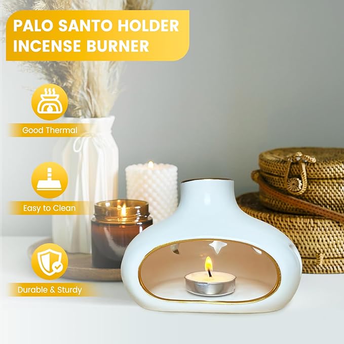 Ceramic Incense Holder Set-Handcrafted Palo Santo&Sage Cone Burner with Holes, Smudge Bowl for Meditation&Yoga-Palo Santo Holder-Home Decor for Relaxation, White