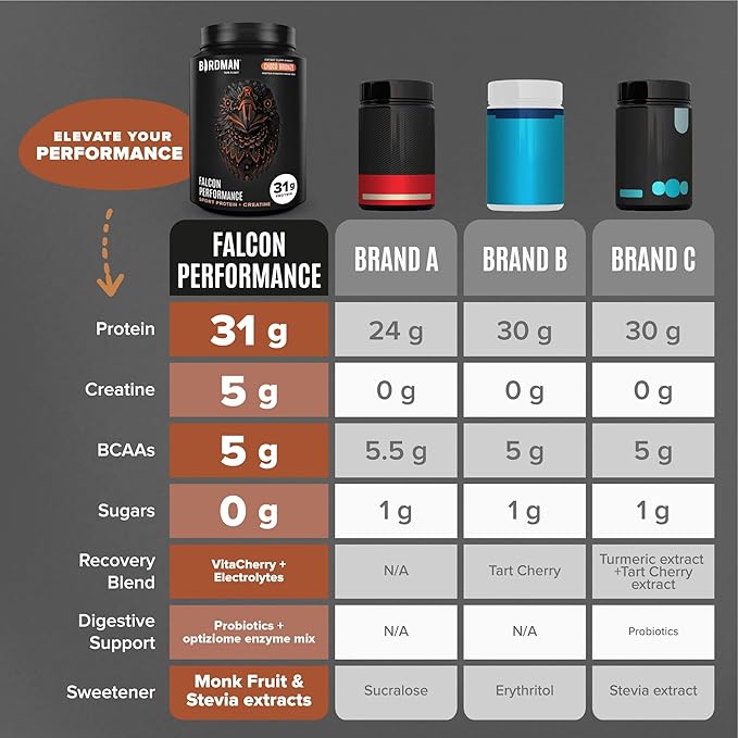 Birdman Falcon Performance Vegan Protein Powder, 31g Protein, 5g Creatine, 5g BCAA, Probiotics, Electrolytes, Pre Workout, Low Carb, Sugar Free & Dairy Free, Plant Based Chocolate Protein -47 servings