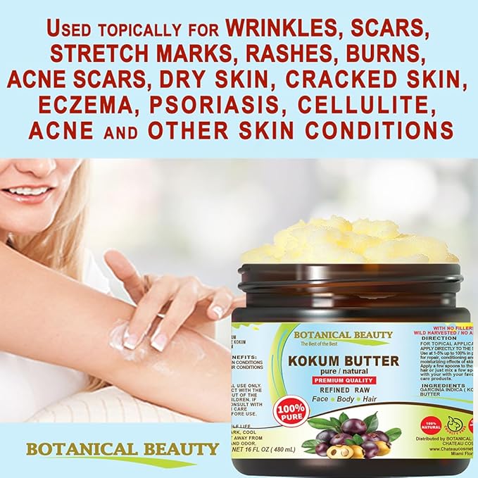 Botanical Beauty KOKUM BUTTER 100% Pure Natural REFINED Cold-Pressed for Face, Skin, Body, Hair, Lip, Nails. Rich in Vitamin E. Beauty Moisturizing Nourishing Butter Rich in Vitamin E (16 Fl Oz)