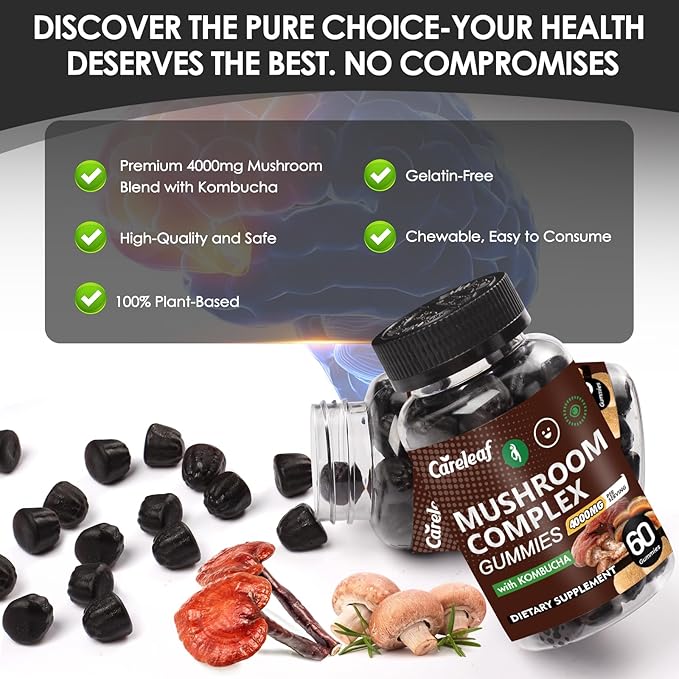 9 in 1 Mushroom Gummies with Lion's Mane for Focus Supplement and Energy Supplements to Support Immune System De-Stress Boost Mood & Energy 60 Count Kombucha Flavor