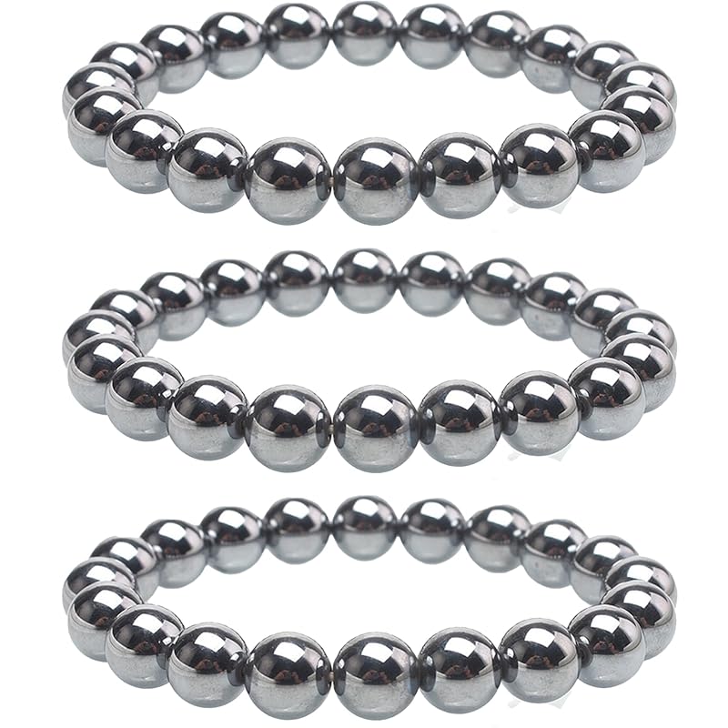 Hematite Beaded Bracelets For Men Protection Bracelets For Women Chakra Feng Shui Stretchy Health & Healing Stone 8mm Beaded Bracelets Lucky Stretch Elastic Handmade Bracelets(Hematite 3PCS)