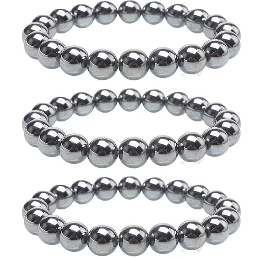 Hematite Beaded Bracelets For Men Protection Bracelets For Women Chakra Feng Shui Stretchy Health & Healing Stone 8mm Beaded Bracelets Lucky Stretch Elastic Handmade Bracelets(Hematite 3PCS)