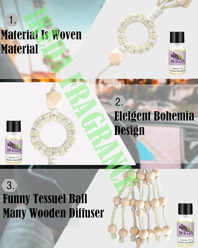 Air Freshener for Car, Lavender Scent Woven Aromatherapy Charm Diffuser with 10ml Essential Oil, Tassel Car Mirror Hanging Decoration,Pendant for Women Men Home Bathroom
