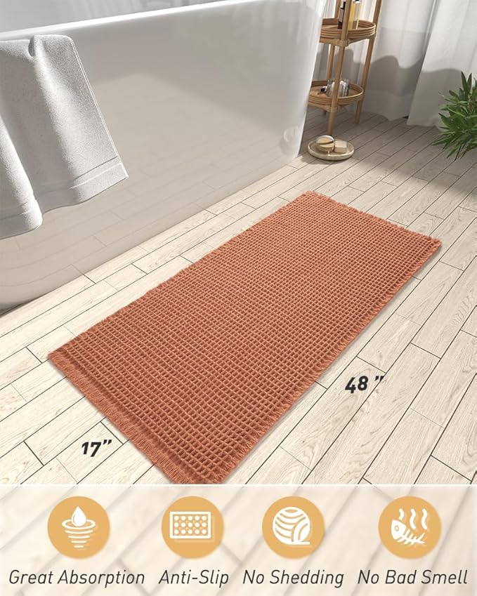 AMOAMI Upgraded Waffle Runner Rug Super Absorbent Non Slip Bath Mats for Bathroom Machine Washable Bathroom Runner Rug with Tassels, Ideal for Hallway Bedroom Laundry Room, Dirty Orange, 17" x 48"