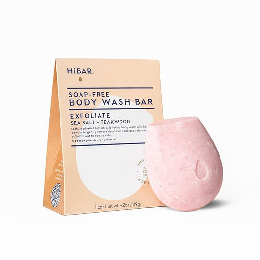 HIBAR - Exfoliate Solid Body Wash Bar - Revive & Restore - With Bamboo Powder & colloidal oat - Daily Use & Sensitive Skin - Plastic, Paraben & Soap-Free - Vegan - Sea Salt + Teakwood