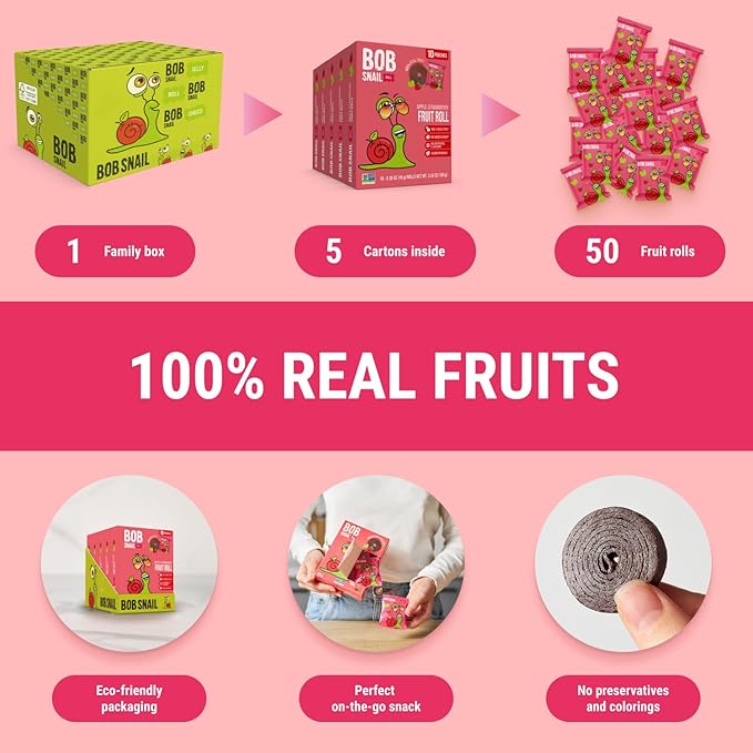 Bob Snail Fruit Roll Ups – Healthy Sweets Snacks, Real Dried Fruits, No Added Sugar, Vegan, Nut Free, Candy for Adults, Kids, with – Bulk 50 pcs Rolls, 500g (Apple Strawberry)