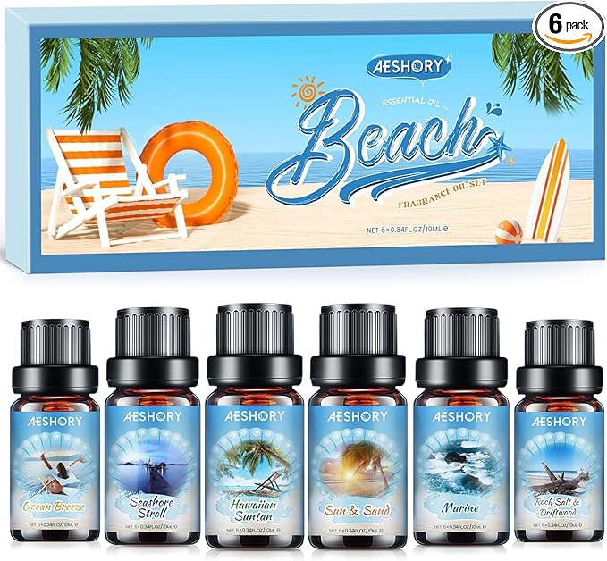 Beach Fragrance Oils Set,6 Premium Summer Essentials Oils for Diffusers for Home,Candle & Soap Making, Ocean Breeze,Hawaiian Suntan,Sun & Sand,Marine,Rock Salt & Driftwood,Seashore Stroll Scented Oil