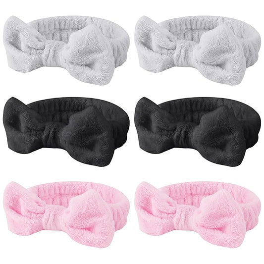 6 Pcs Fluffy Spa Headbands with Bow Style, Soft Coral Fleece for Face Washing, Makeup, Shower, and Yoga