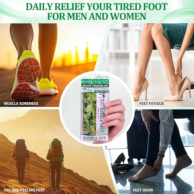 Pedicure Kit Foot Soak Set: Bubble Salt, Sugar Scrub, Massage Mask, Massage Lotion in a Box, 4 Step Foot Spa Kit for Dry Feet, Calluses and Tired Feet (1 Set Green Tea)