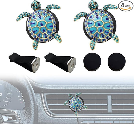 2PCS Beach Car Accessories, Crystal Cute Turtle Air Fresheners Diffuser Vent Clip, Bling Tortoise Car Air Vent Clips, Comes with 2 PCS Black Cars Air Vent Clips(Blue)