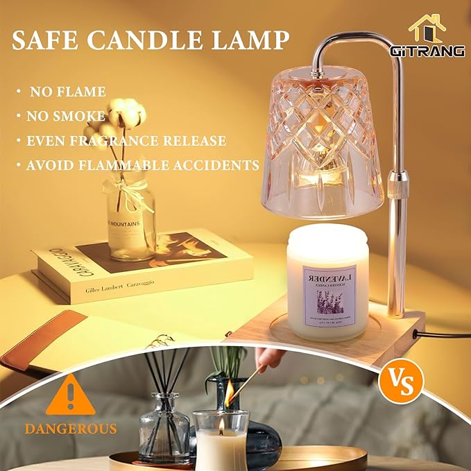 Candle Warming Lamp with Timer Dimmer, Adjustable Height Electric Wax Melt Warmer for Jar Candles with 3 Bulbs, Mother's Day Women's Home Decor Gift, Square Base with Champagne Color Pole